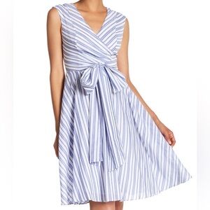 Calvin Klein Summery Blue and White Striped Faux-Wrap Dress